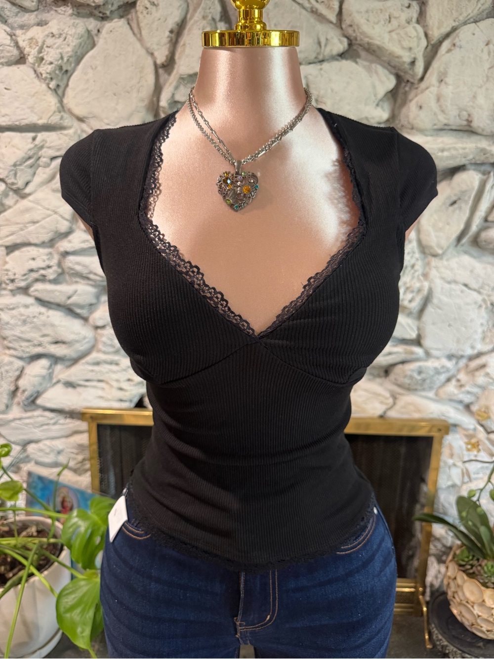 Black Lace-Trim Ribbed V-Neck Women’s Top